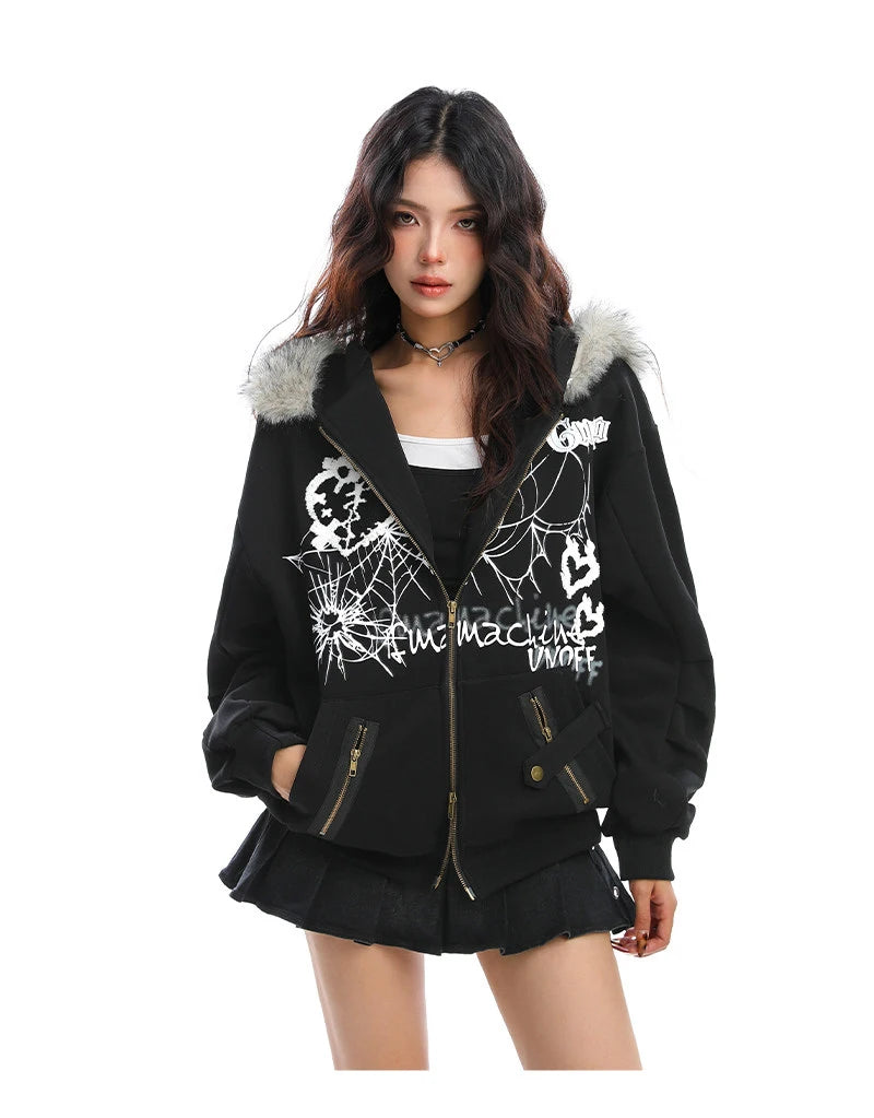 Y2K Bunny Ear Faux Fur Zip Hoodie   OL2187