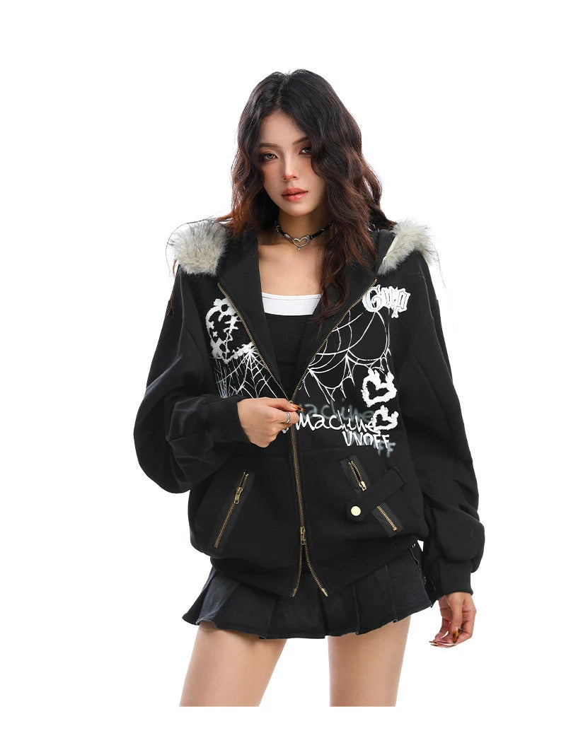 Y2K Bunny Ear Faux Fur Zip Hoodie   OL2187