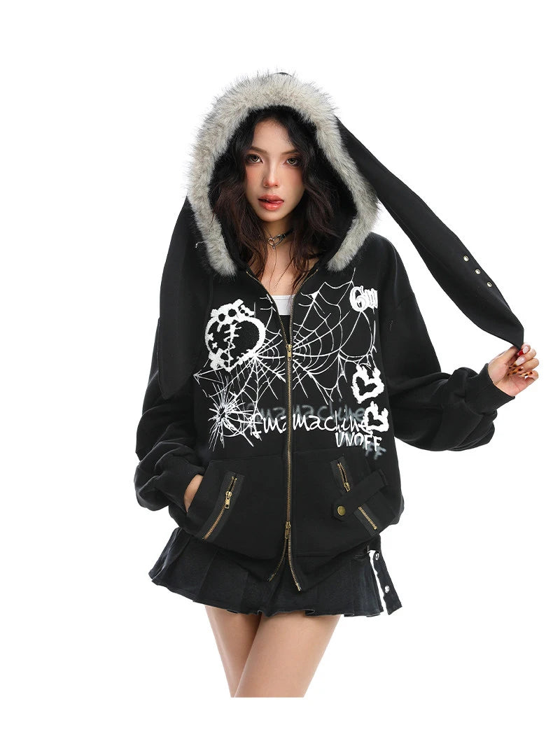 Y2K Bunny Ear Faux Fur Zip Hoodie   OL2187