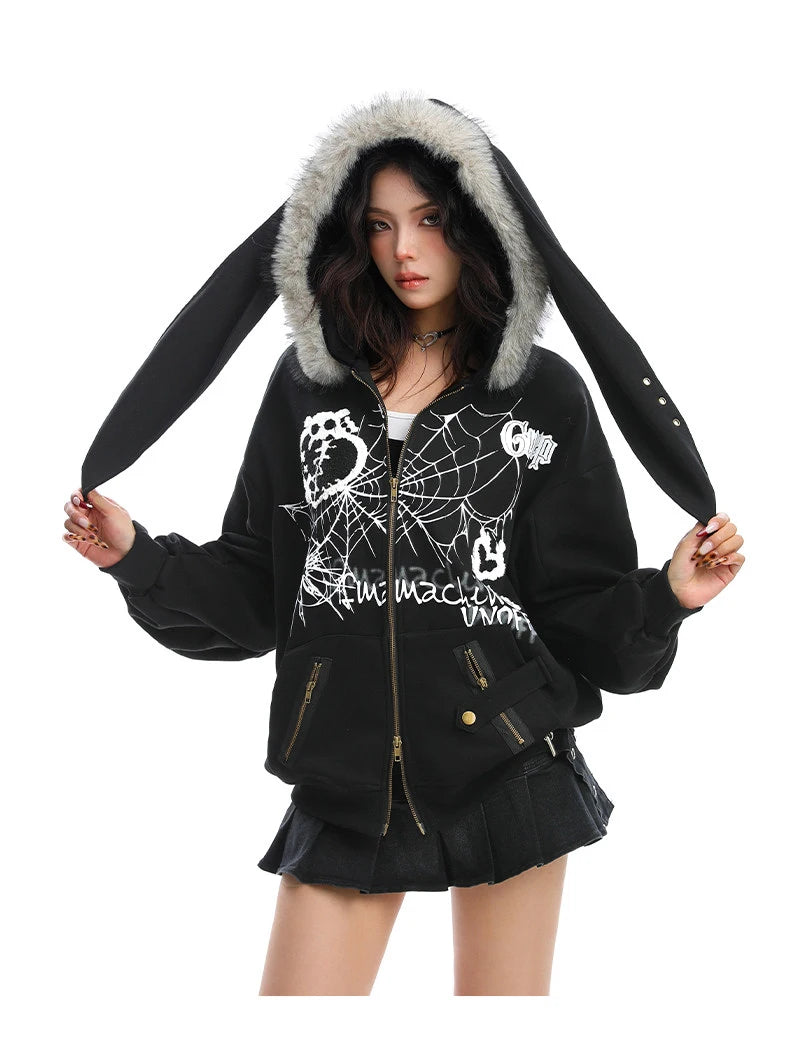 Y2K Bunny Ear Faux Fur Zip Hoodie   OL2187