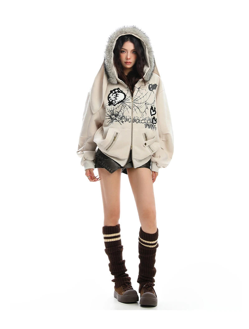 Y2K Bunny Ear Faux Fur Zip Hoodie   OL2187