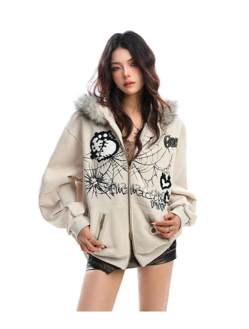 Y2K Bunny Ear Faux Fur Zip Hoodie   OL2187