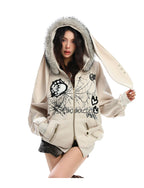 Y2K Bunny Ear Faux Fur Zip Hoodie   oliviroa オリヴィオラ