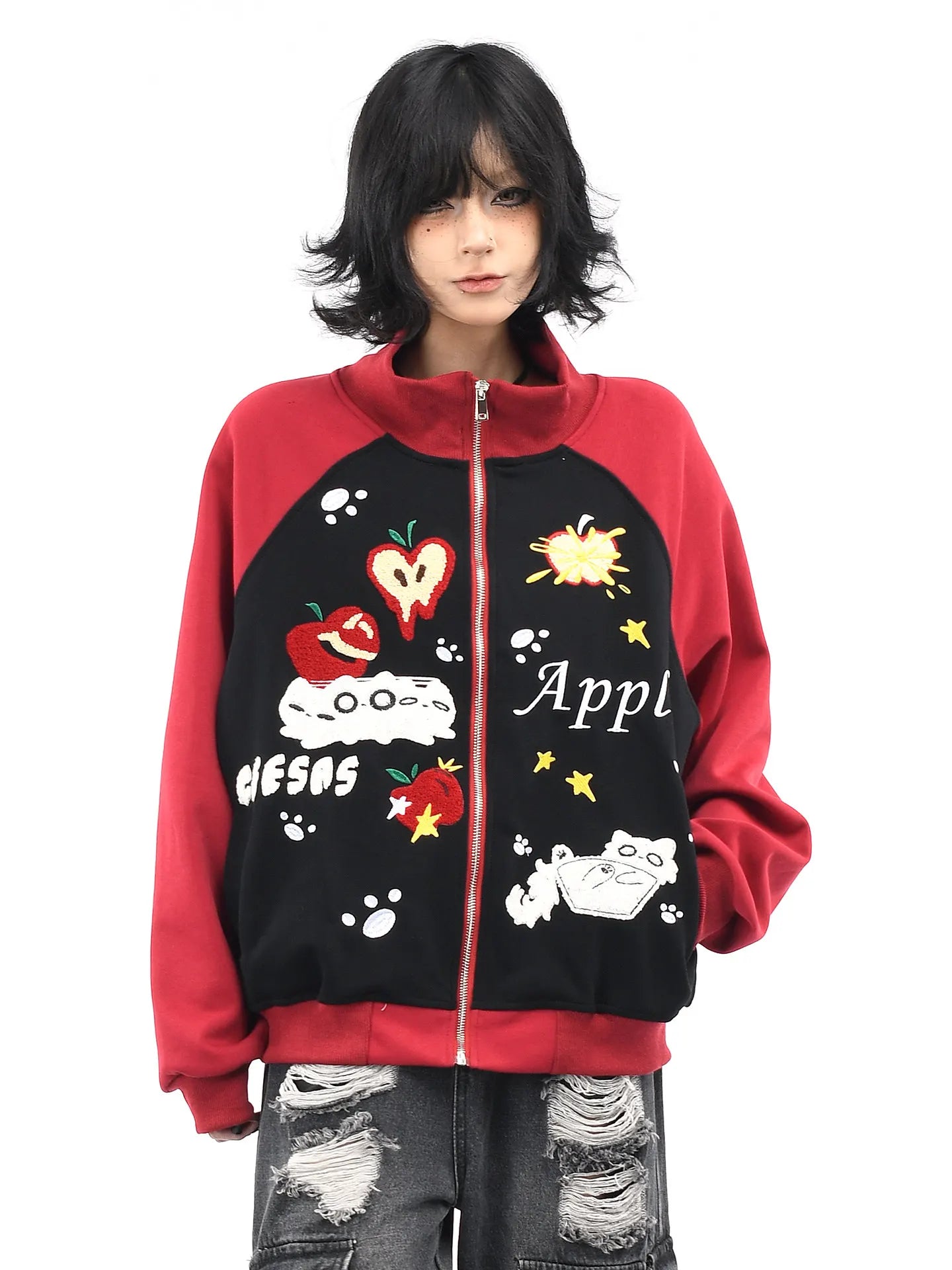 Embroidered Cat Zip Sweat Jacket   oliviroa オリヴィオラ