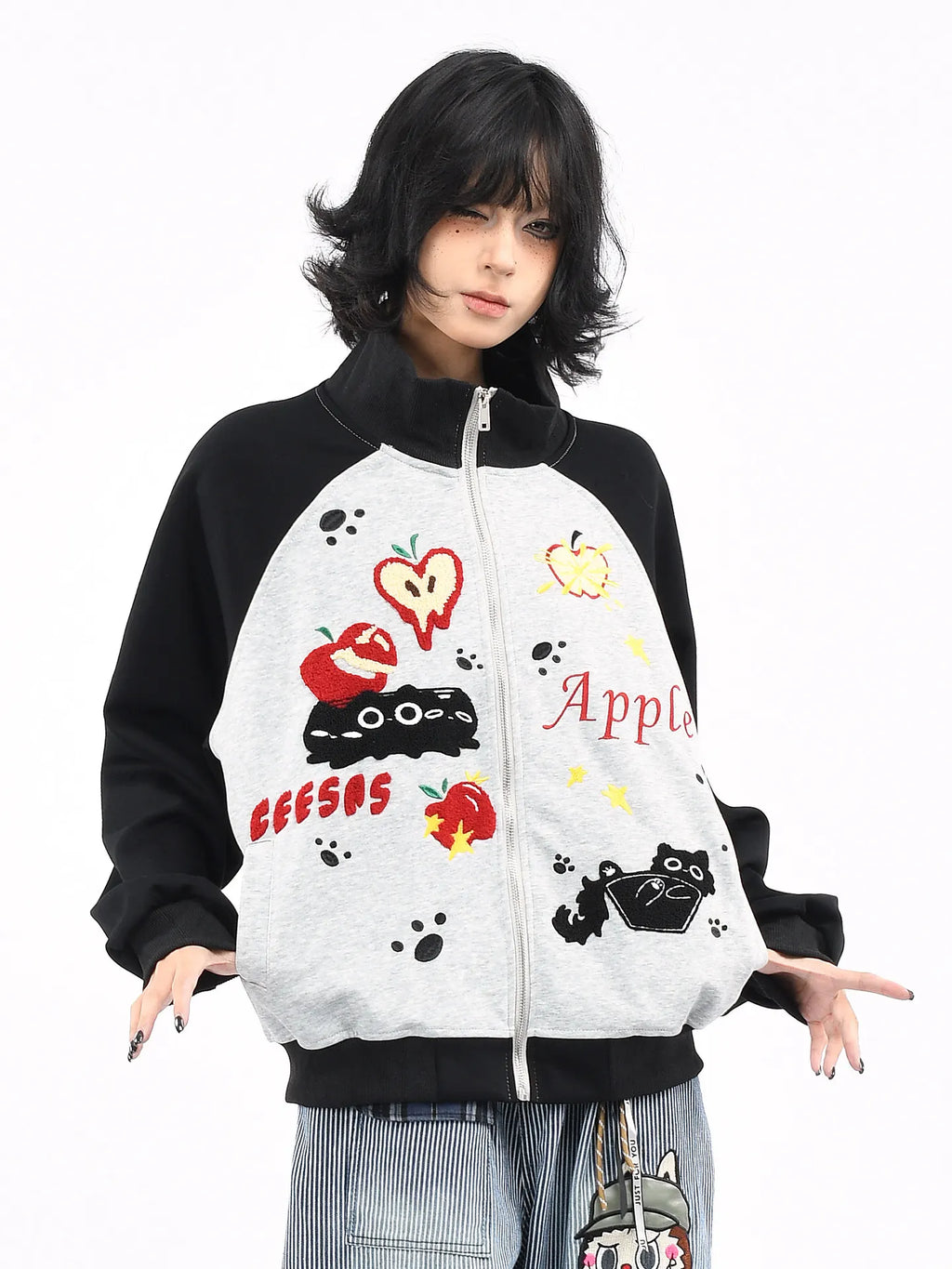 Embroidered Cat Zip Sweat Jacket   OL2189