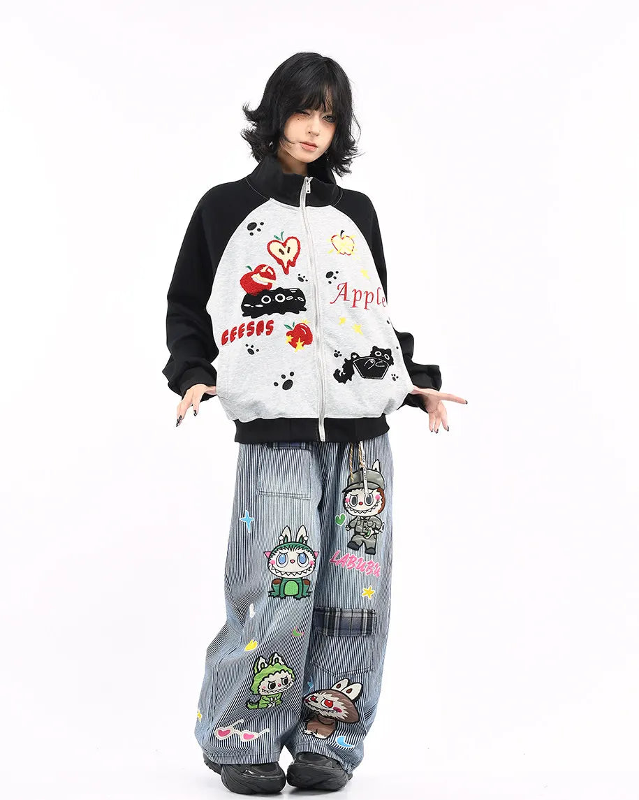 Embroidered Cat Zip Sweat Jacket   OL2189