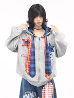 Plaid Patchwork Tie Hoodie   oliviroa オリヴィオラ