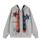 Plaid Patchwork Tie Hoodie   OL2190
