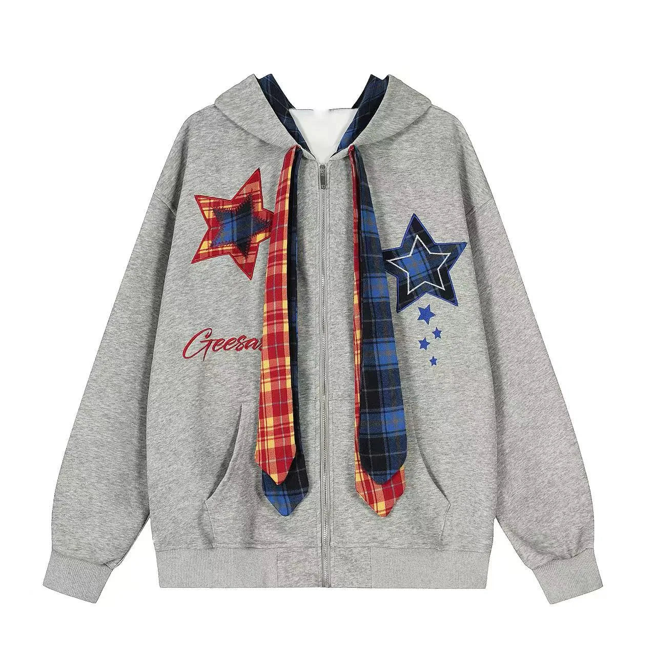 Plaid Patchwork Tie Hoodie   OL2190
