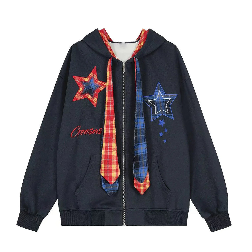 Plaid Patchwork Tie Hoodie   OL2190