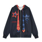 Plaid Patchwork Tie Hoodie   OL2190