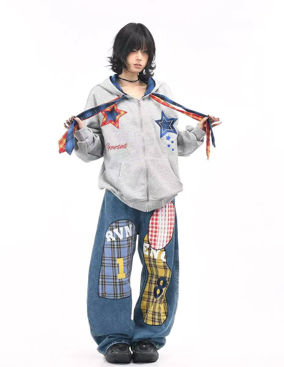 Plaid Patchwork Tie Hoodie   OL2190