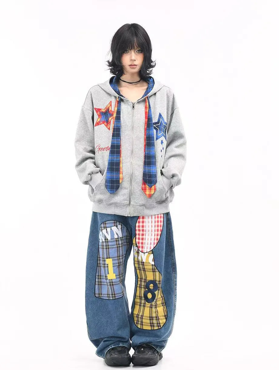 Plaid Patchwork Tie Hoodie   OL2190