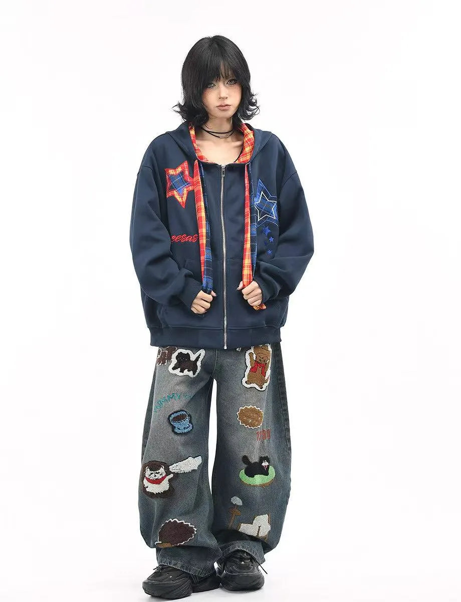 Plaid Patchwork Tie Hoodie   OL2190