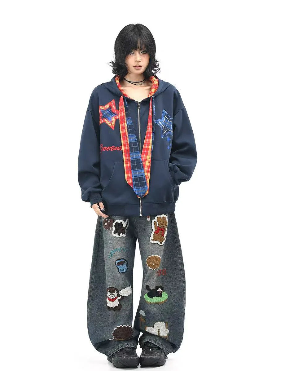 Plaid Patchwork Tie Hoodie   OL2190