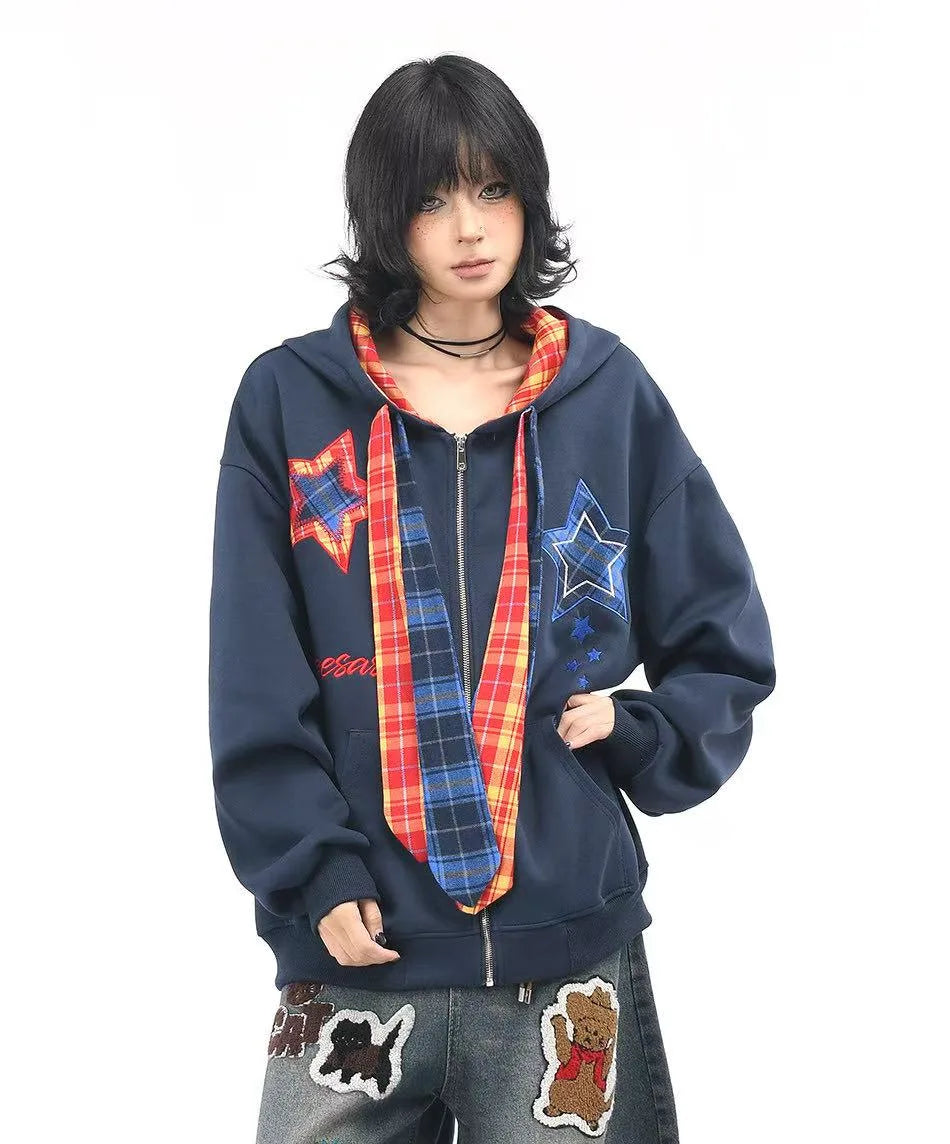 Plaid Patchwork Tie Hoodie   OL2190