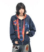 Plaid Patchwork Tie Hoodie   OL2190