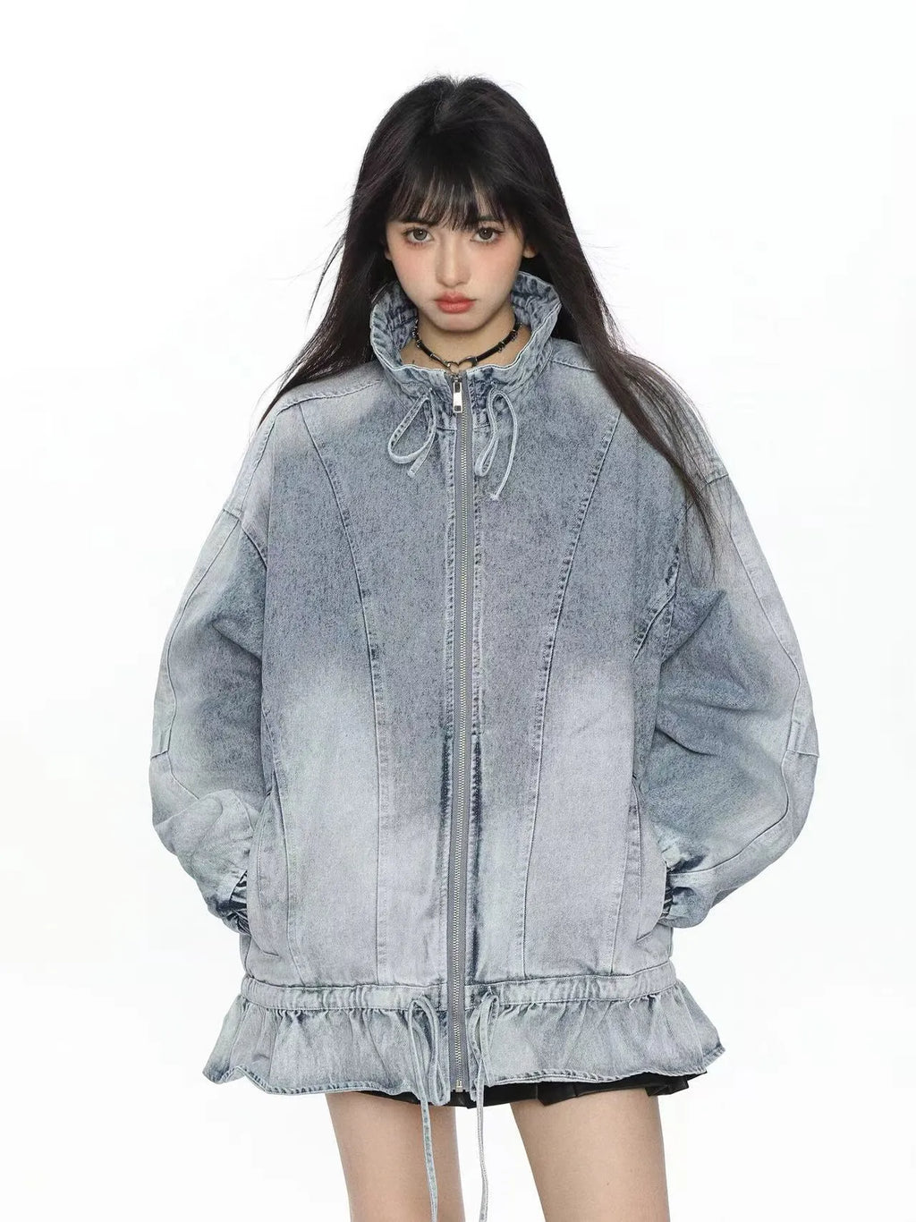 Washed Drawstring Hem Denim Jacket   oliviroa オリヴィオラ