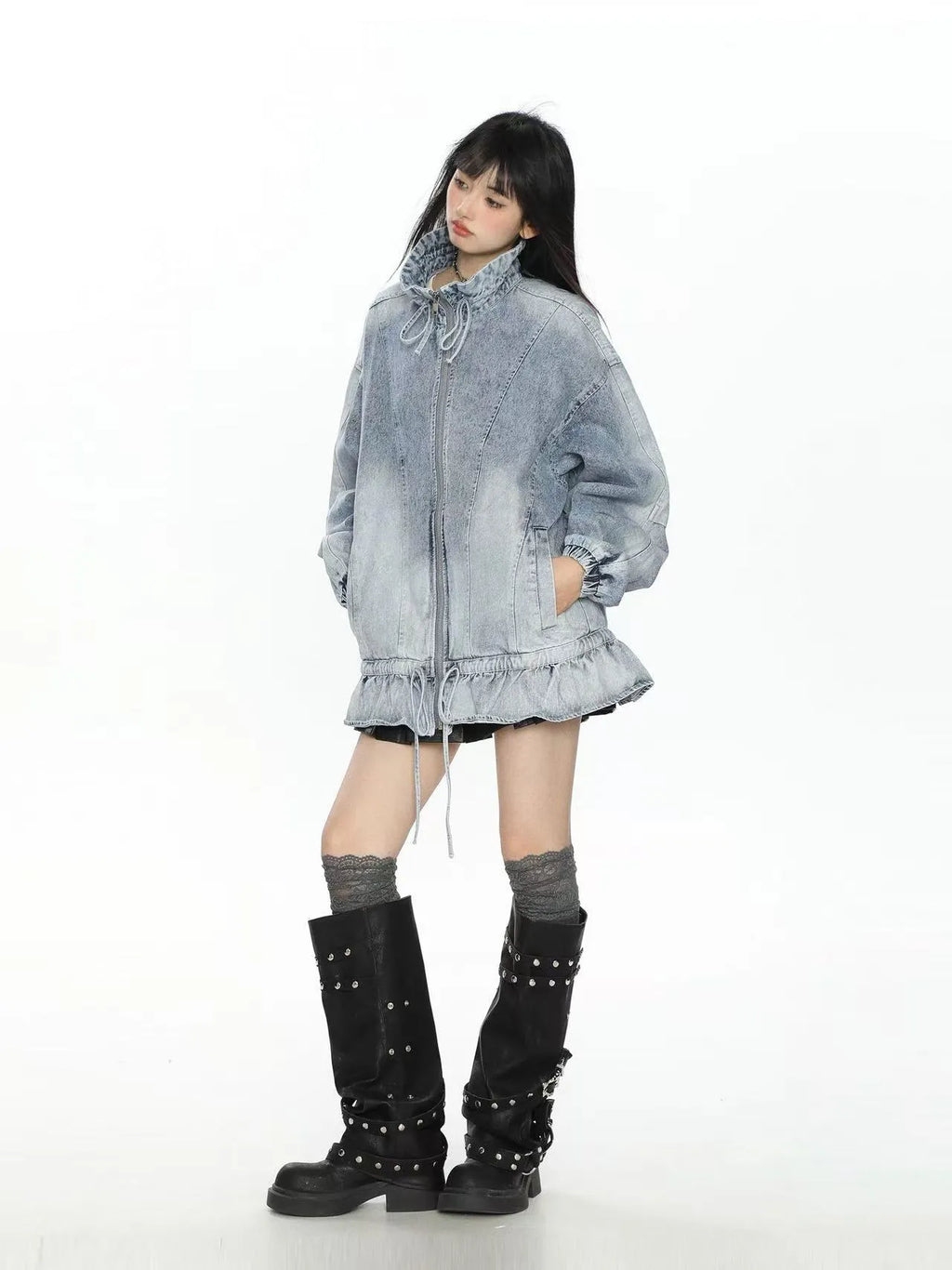 Washed Drawstring Hem Denim Jacket   OL2194