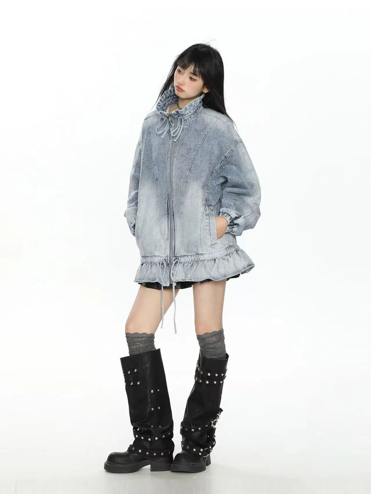 Washed Drawstring Hem Denim Jacket   OL2194