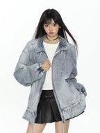 Washed Drawstring Hem Denim Jacket   OL2194