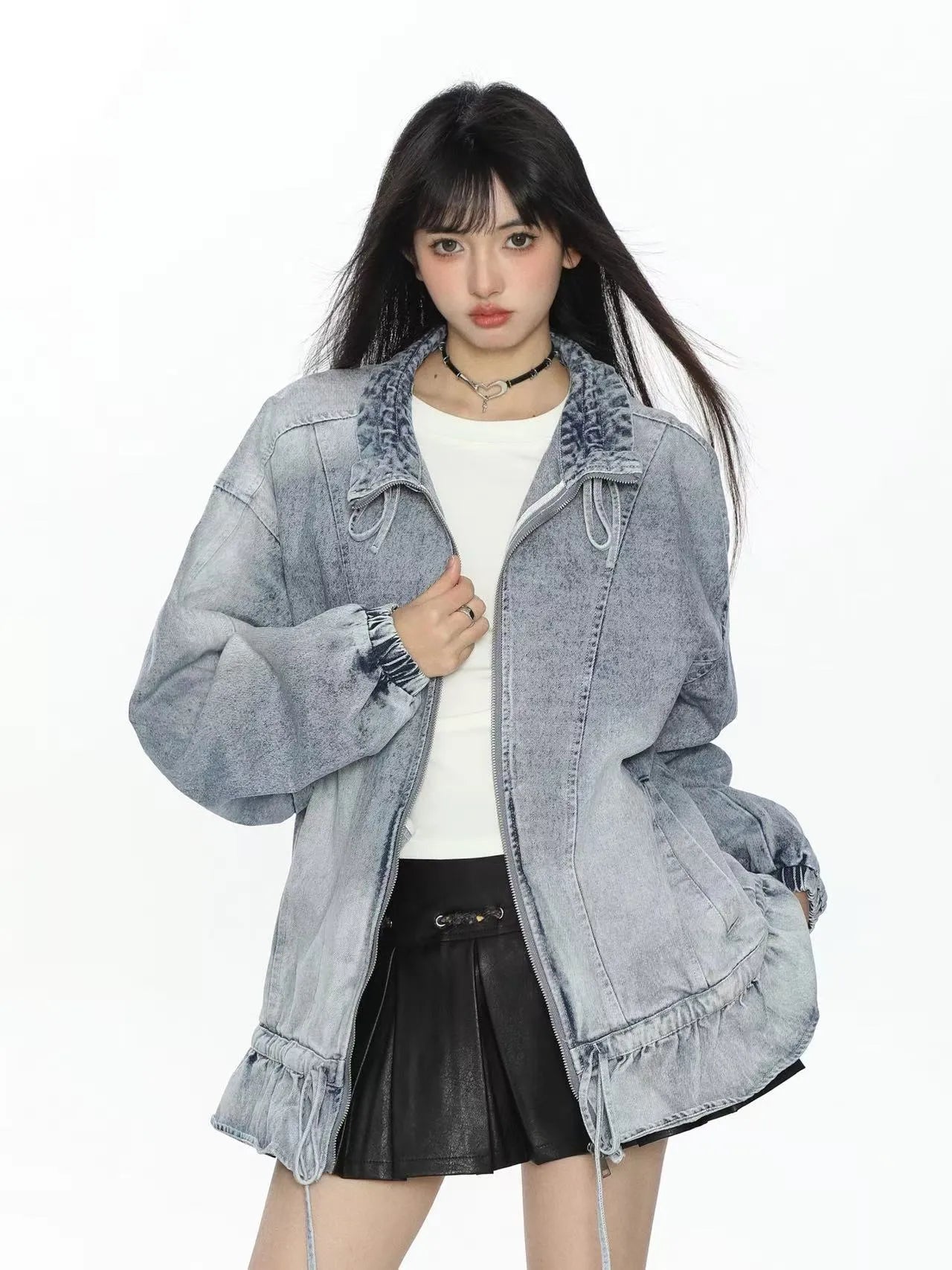Washed Drawstring Hem Denim Jacket   OL2194