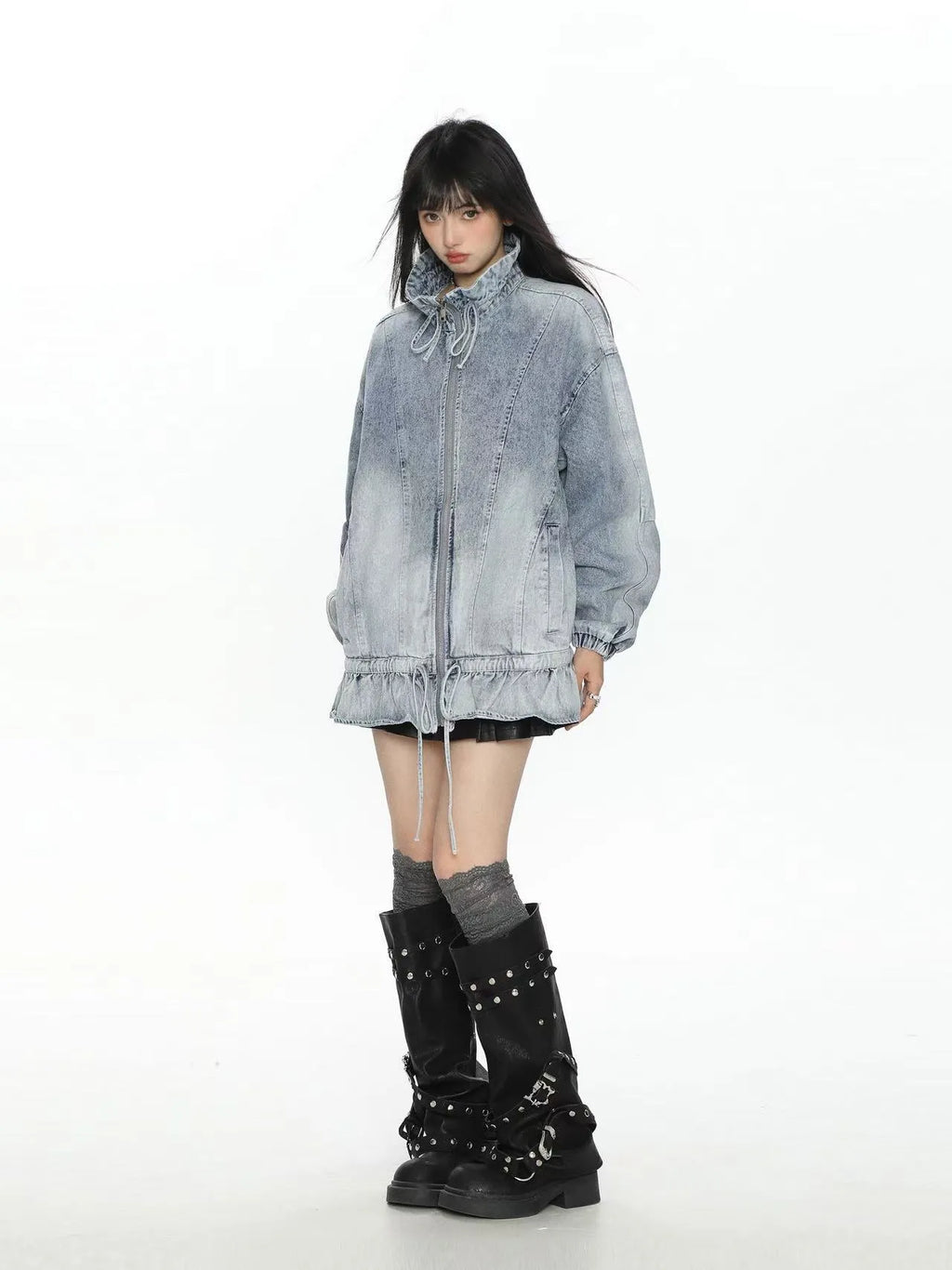 Washed Drawstring Hem Denim Jacket   OL2194