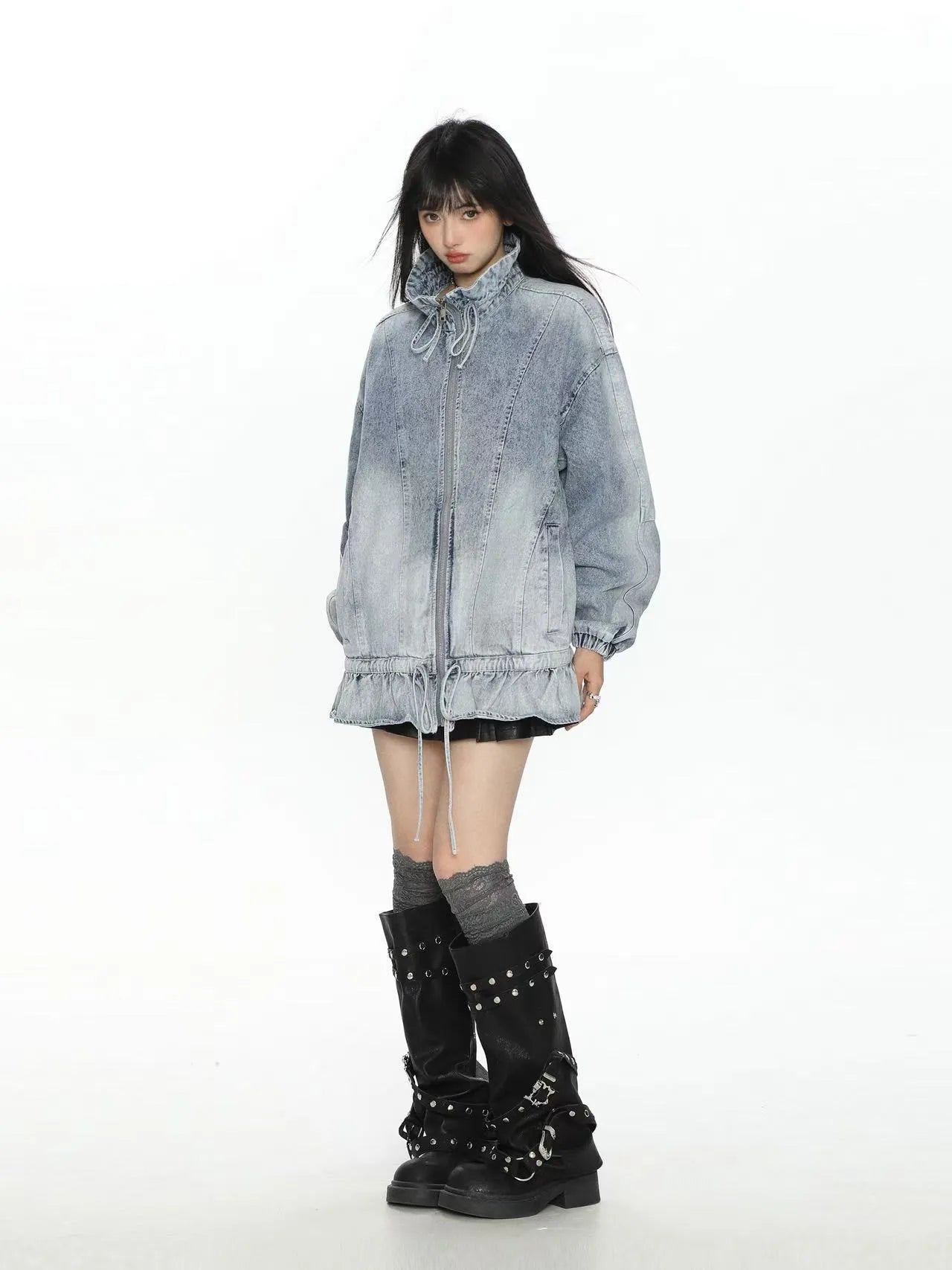 Washed Drawstring Hem Denim Jacket   OL2194