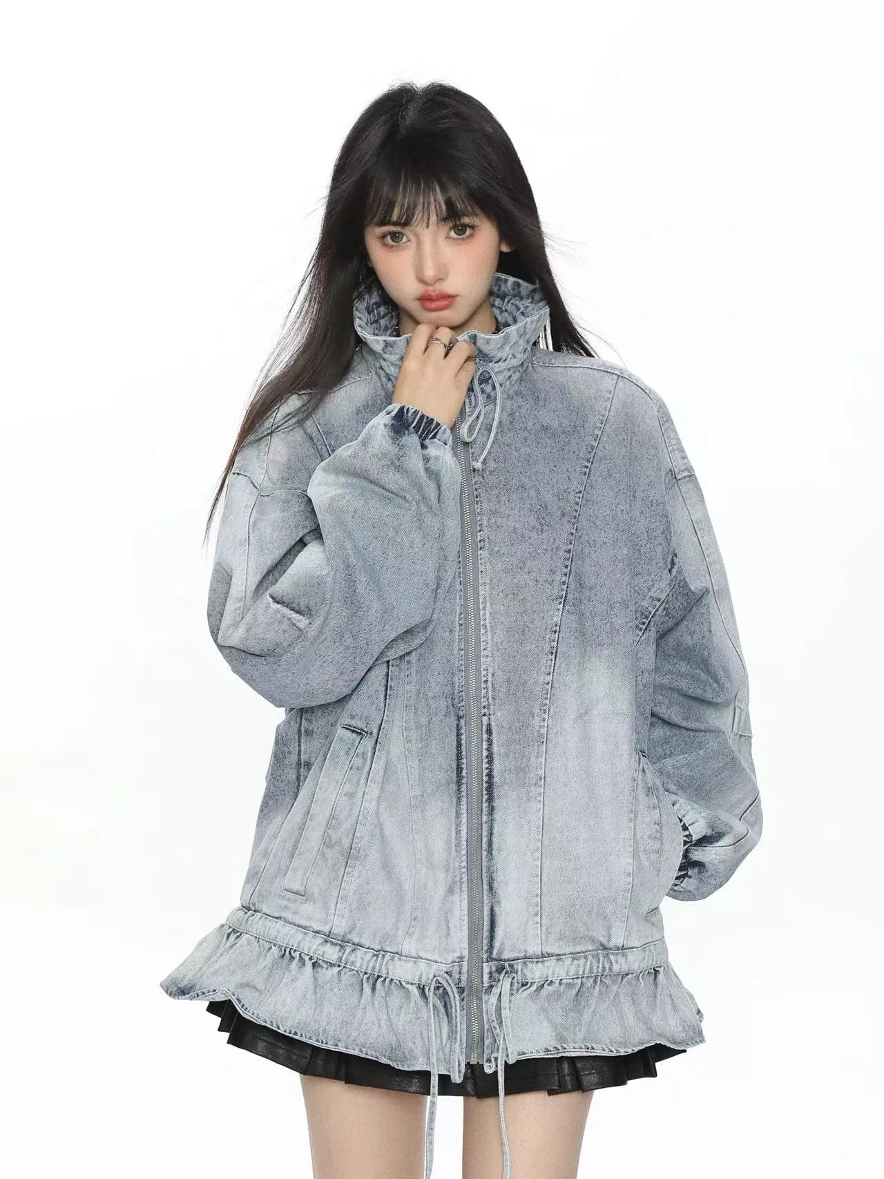 Washed Drawstring Hem Denim Jacket   oliviroa オリヴィオラ