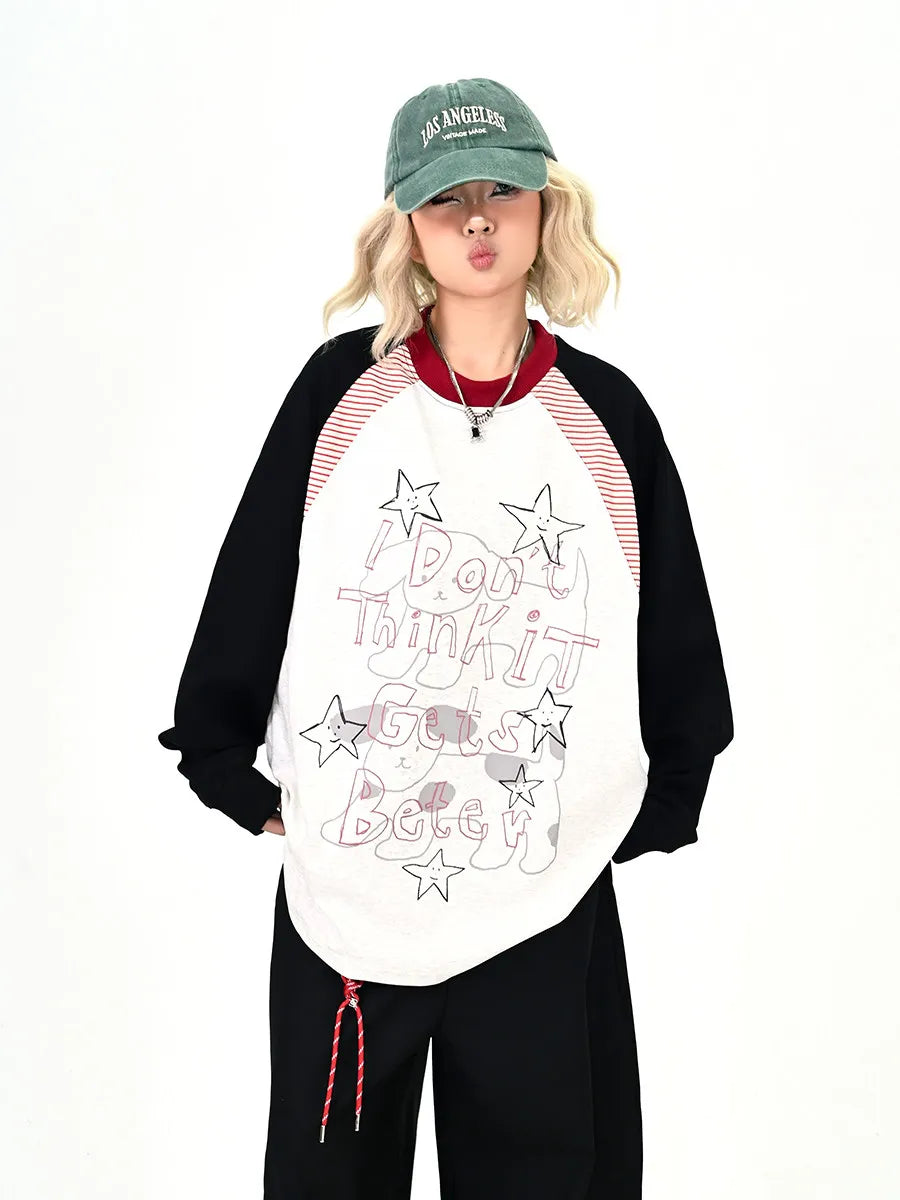 Gray Contrast Star Letter Oversized Long Sleeve Tee   oliviroa オリヴィオラ