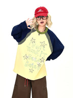 Gray Contrast Star Letter Oversized Long Sleeve Tee OL2196