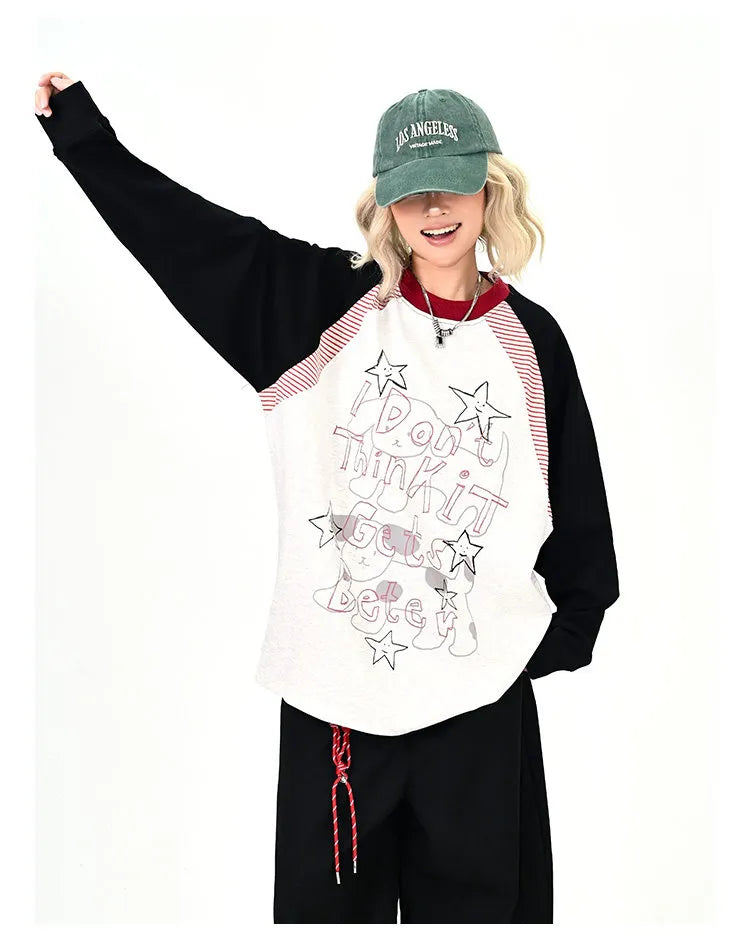 Gray Contrast Star Letter Oversized Long Sleeve Tee OL2196