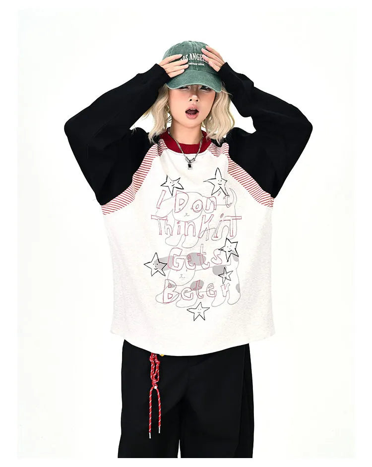 Gray Contrast Star Letter Oversized Long Sleeve Tee   oliviroa オリヴィオラ