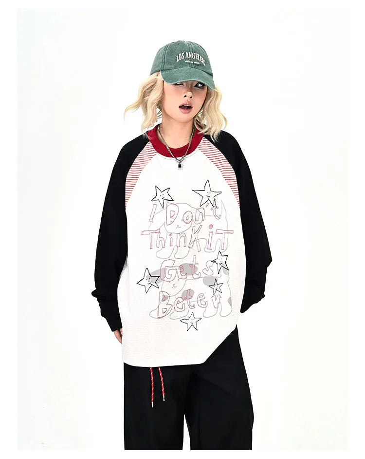Gray Contrast Star Letter Oversized Long Sleeve Tee   OL2196