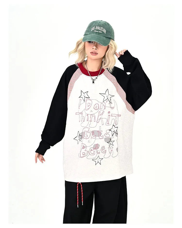 Gray Contrast Star Letter Oversized Long Sleeve Tee   OL2196