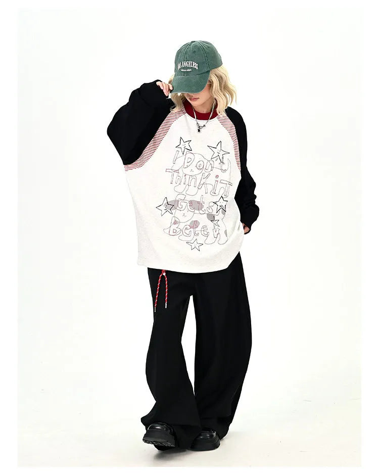 Gray Contrast Star Letter Oversized Long Sleeve Tee   OL2196