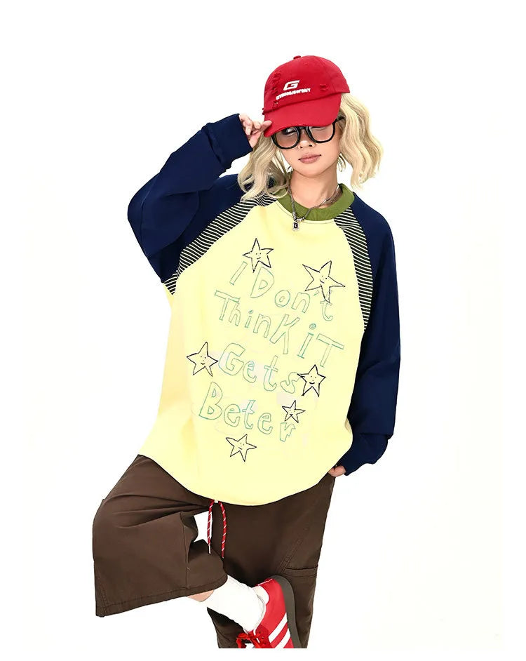Gray Contrast Star Letter Oversized Long Sleeve Tee   OL2196