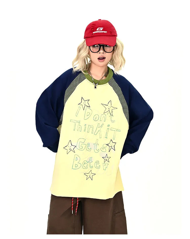 Gray Contrast Star Letter Oversized Long Sleeve Tee OL2196