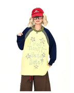 Gray Contrast Star Letter Oversized Long Sleeve Tee OL2196