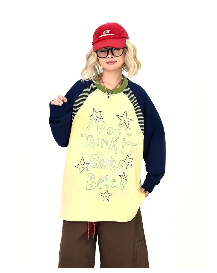 Gray Contrast Star Letter Oversized Long Sleeve Tee   OL2196