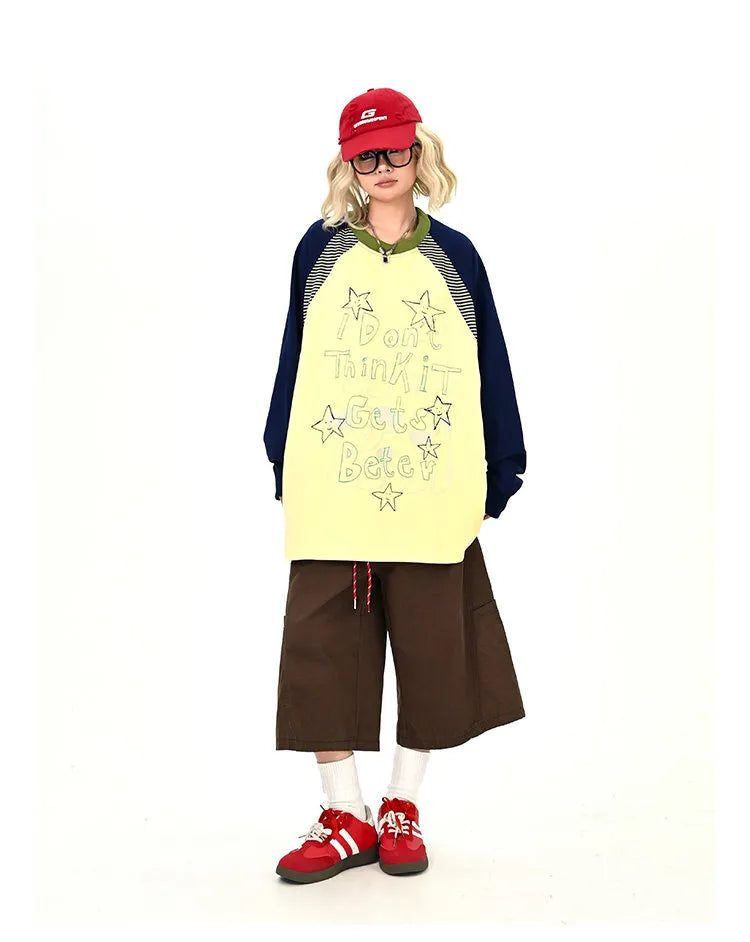 Gray Contrast Star Letter Oversized Long Sleeve Tee   OL2196