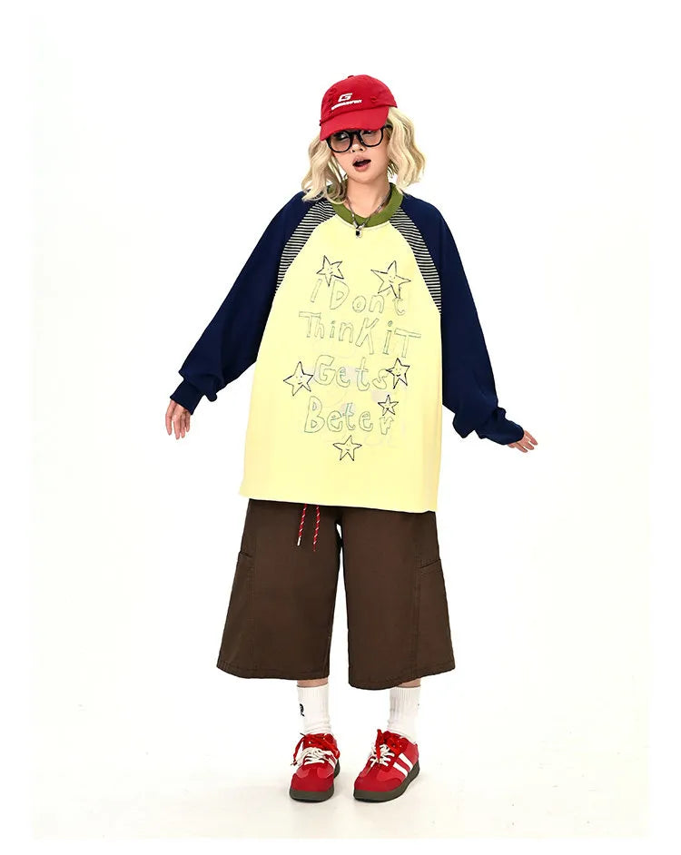 Gray Contrast Star Letter Oversized Long Sleeve Tee OL2196