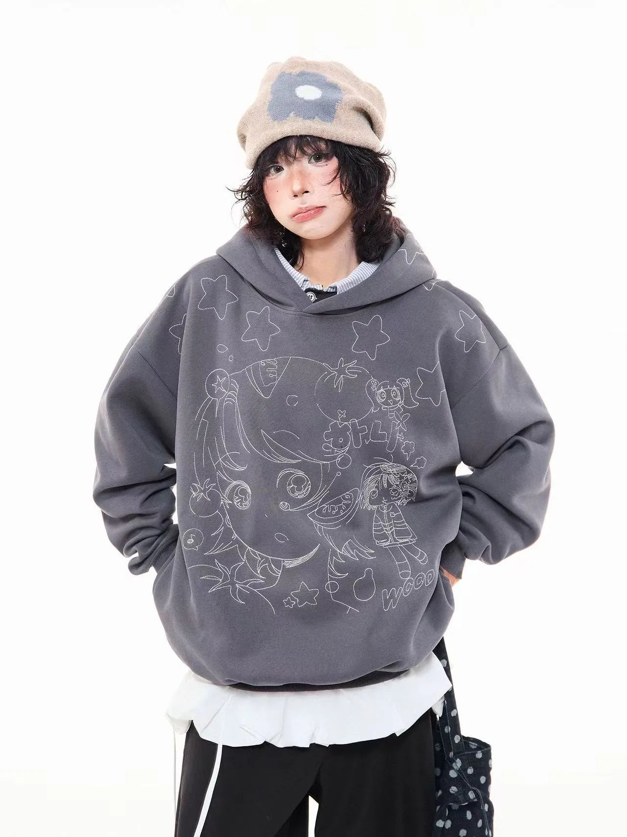Vintage Star Embroidered Cropped Oversized Hoodie   OL2197