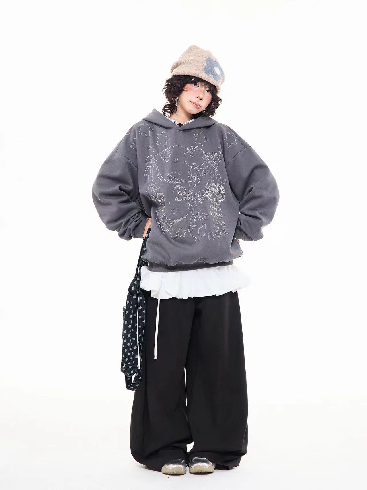 Vintage Star Embroidered Cropped Oversized Hoodie   OL2197