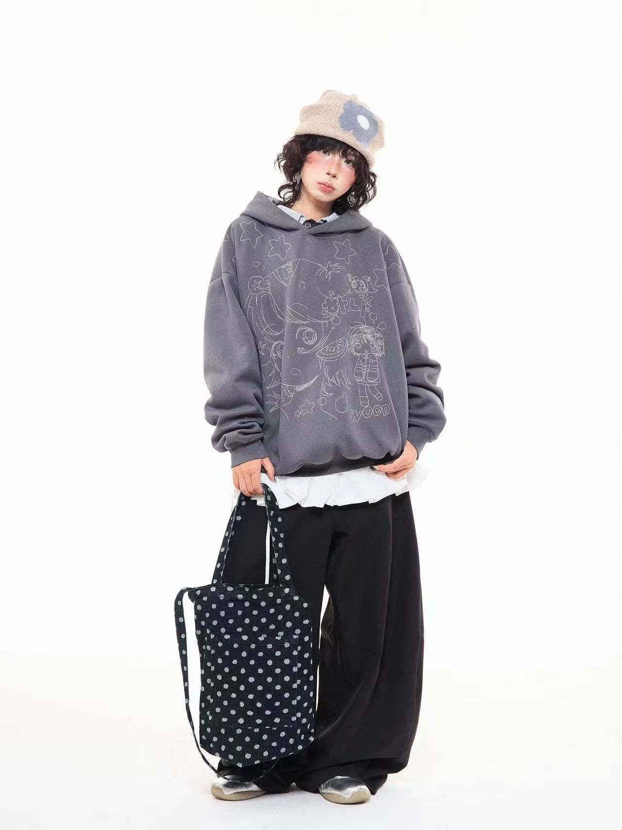 Vintage Star Embroidered Cropped Oversized Hoodie   OL2197