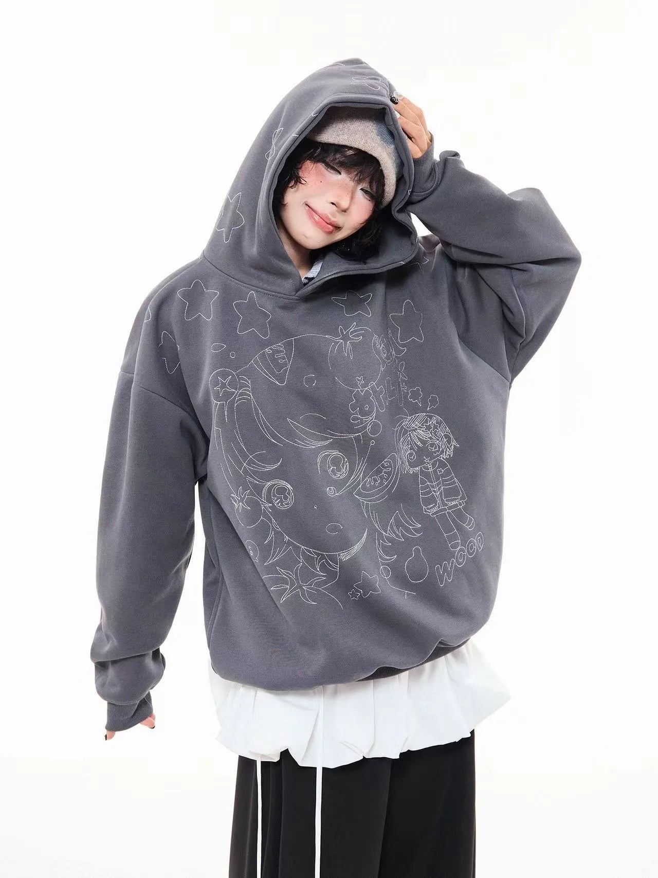 Vintage Star Embroidered Cropped Oversized Hoodie   OL2197