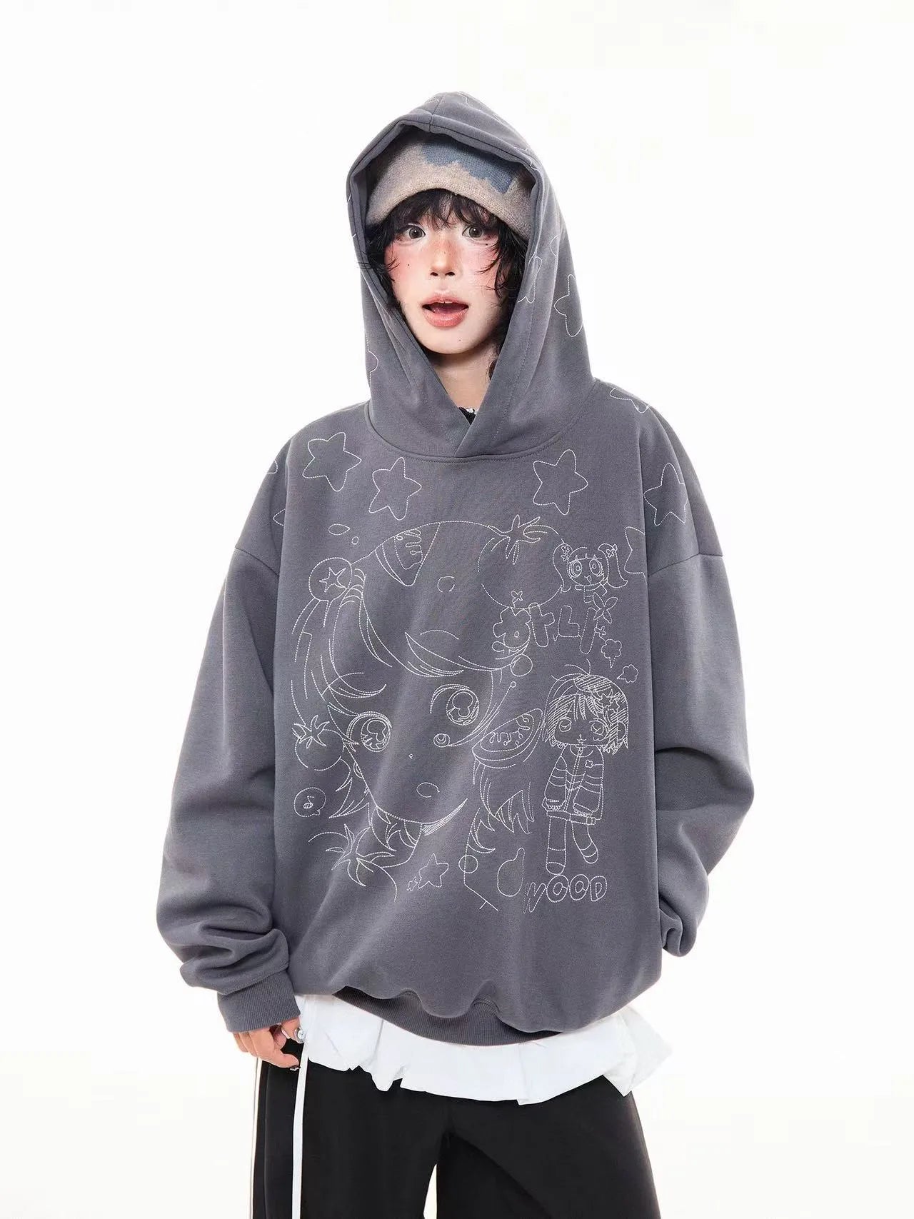 Vintage Star Embroidered Cropped Oversized Hoodie   oliviroa オリヴィオラ