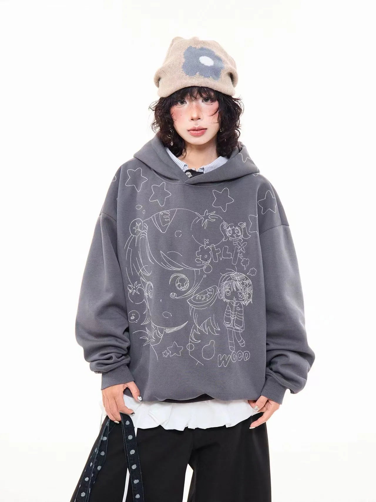 Vintage Star Embroidered Cropped Oversized Hoodie   oliviroa オリヴィオラ