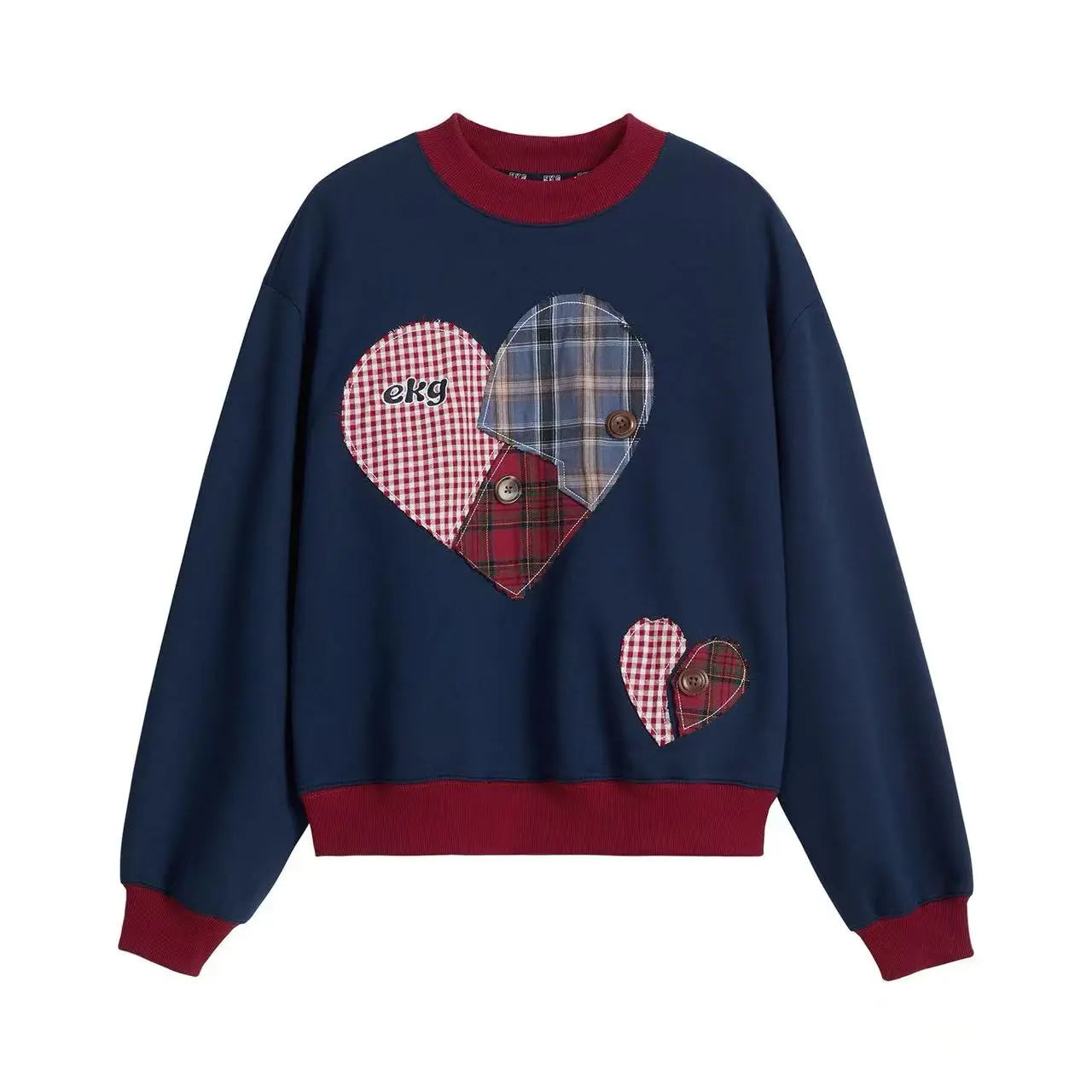 Vintage Plaid Heart Patch Oversized Sweatshirt   OL2201