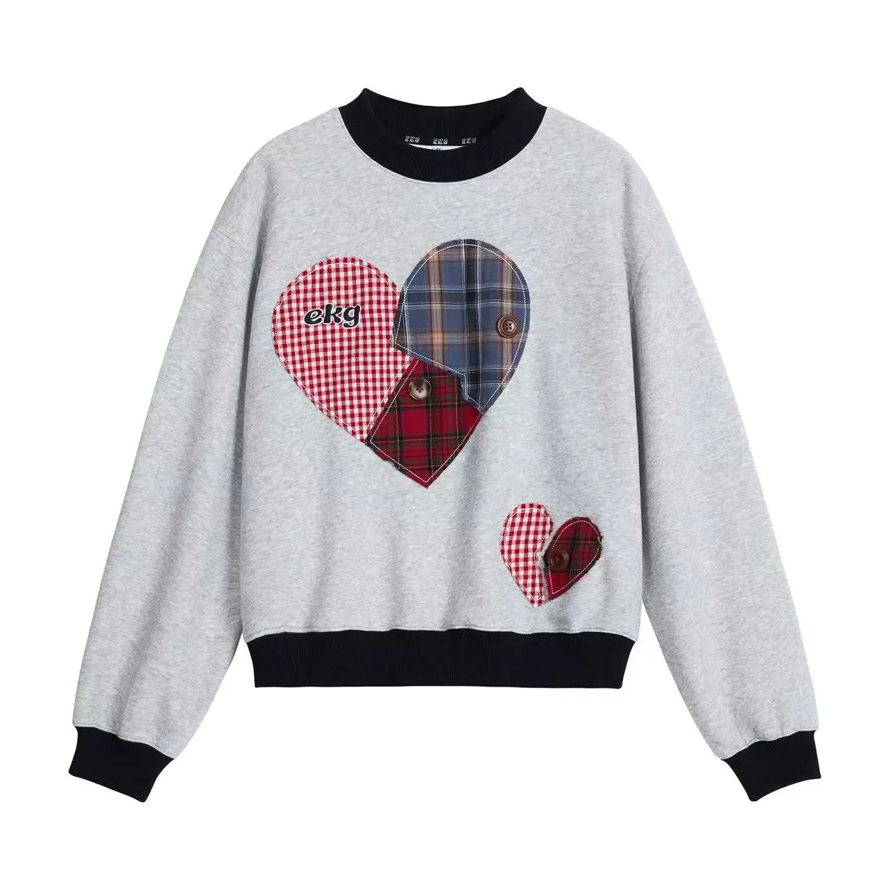 Vintage Plaid Heart Patch Oversized Sweatshirt   OL2201